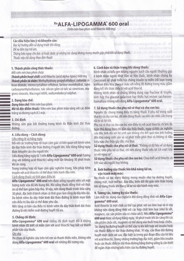 Thuốc Alfa-Lipogamma 600mg Oral Dragenopharm hỗ trợ điều trị đa thần kinh đái tháo đường (30 viên)