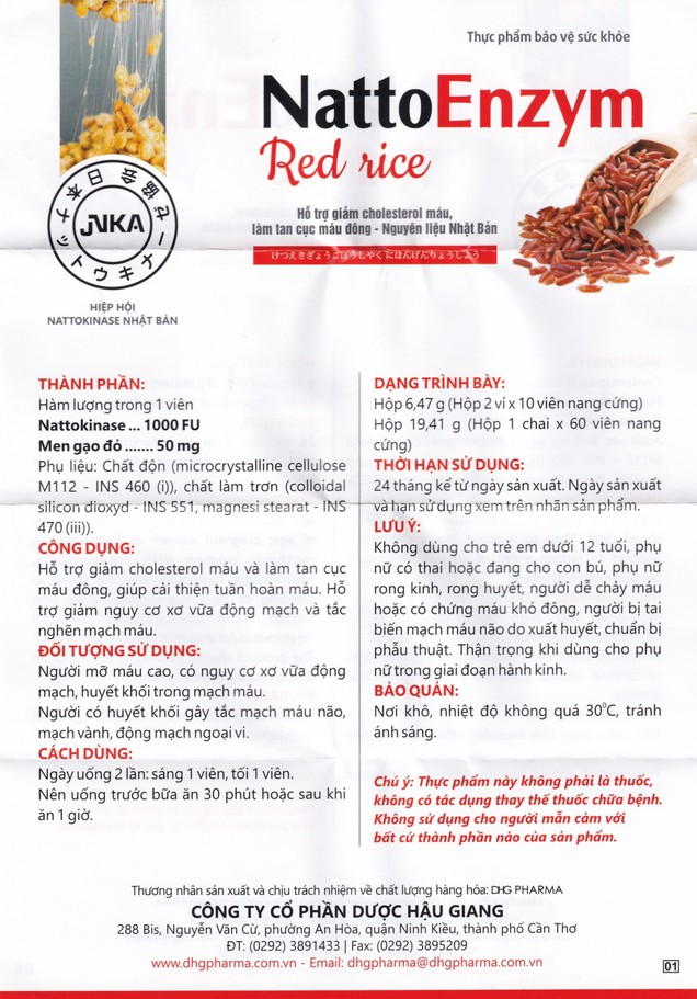 Viên uống NattoEnzym Red Rice DHG hỗ trợ giảm cholesterol máu, làm tan cục máu đông (20 viên)