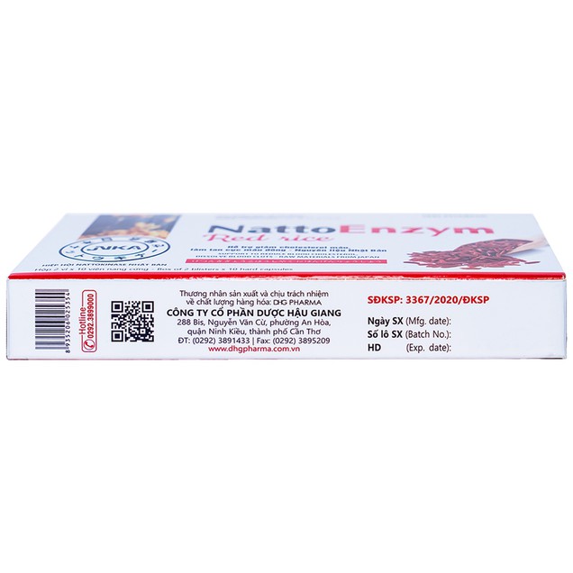 Viên uống NattoEnzym Red Rice DHG hỗ trợ giảm cholesterol máu, làm tan cục máu đông (20 viên)