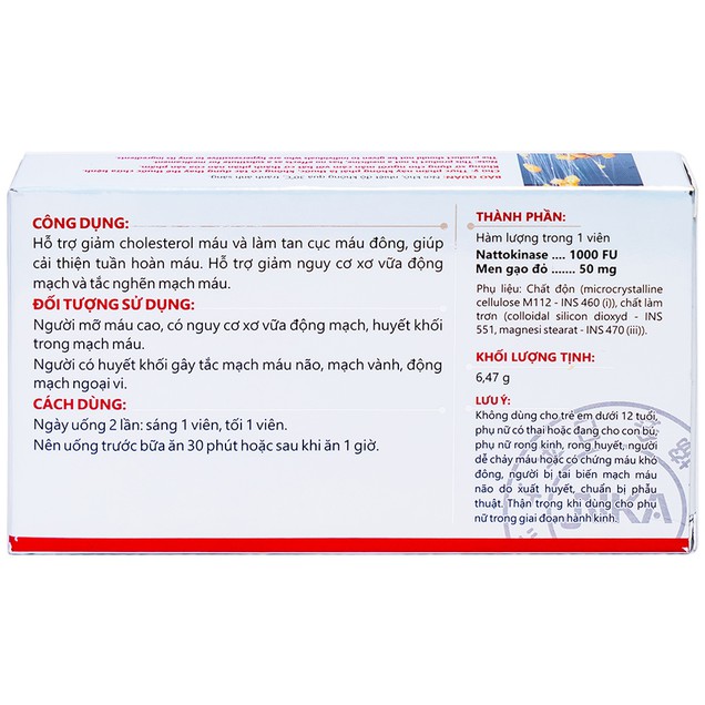 Viên uống NattoEnzym Red Rice DHG hỗ trợ giảm cholesterol máu, làm tan cục máu đông (20 viên)