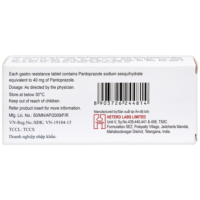 Thuốc Pantin 40mg Hetero điều trị viêm loét thực quản (3 vỉ x 10 viên)