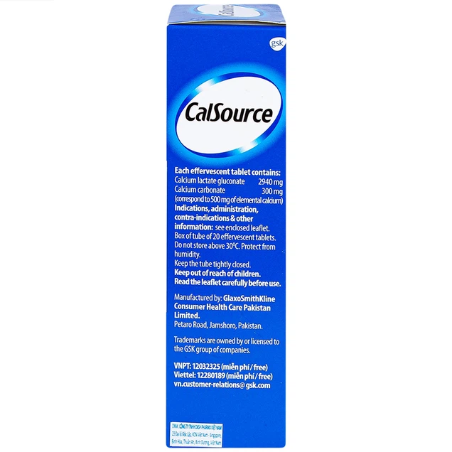 Viên sủi CalSource 500mg Gsk phòng ngừa và điều trị thiếu calci (20 viên)