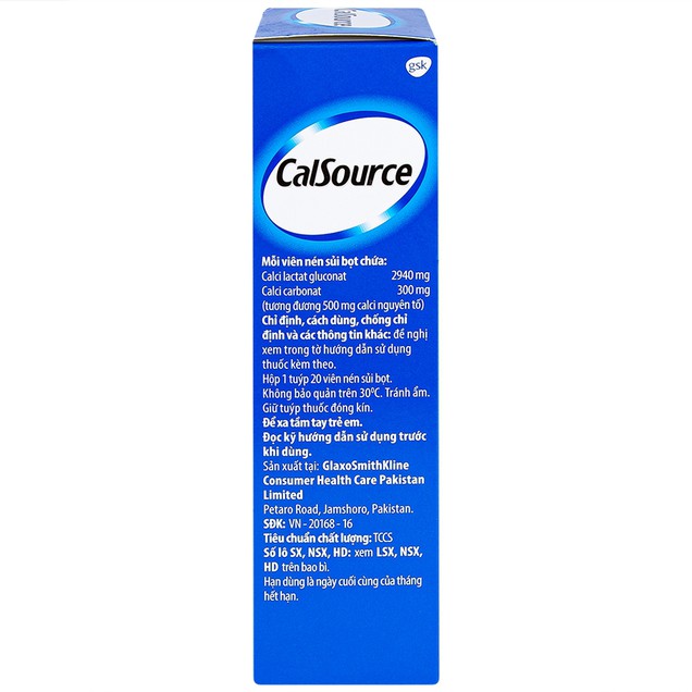 Viên sủi CalSource 500mg Gsk phòng ngừa và điều trị thiếu calci (20 viên)