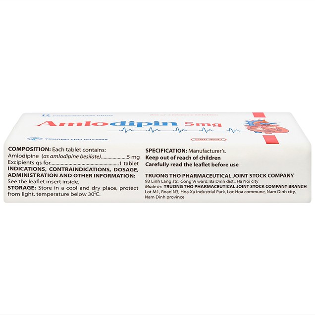 Thuốc Amlodipin 5mg Trường Thọ điều trị tăng huyết áp, đau thắt ngực ổn định (30 viên)