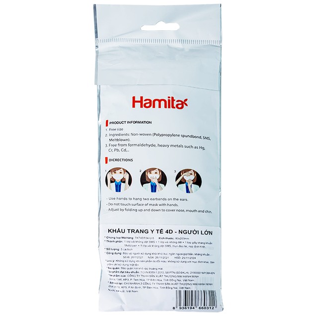 Khẩu trang y tế người lớn Hamita Advanced 4D Mask ngăn giọt bắn, khói bụi, kháng khuẩn (5 cái)