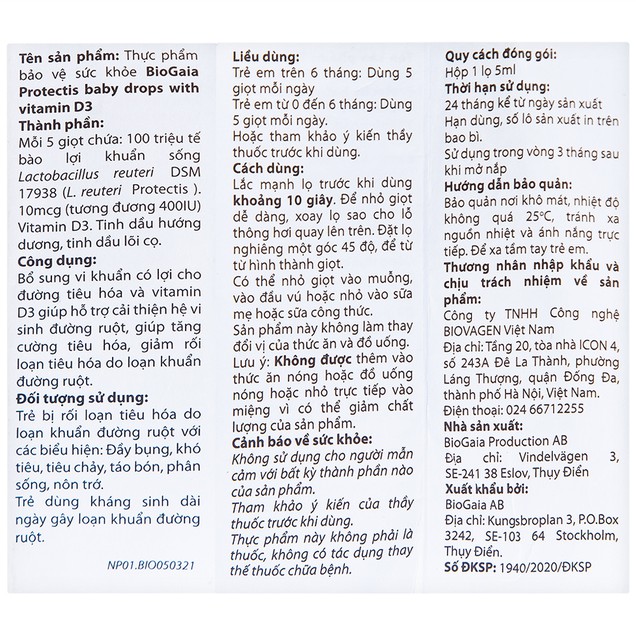 Men vi sinh BioGaia Protectis Baby Drops Vitamin D3 hỗ trợ tăng cường tiêu hóa (5ml)