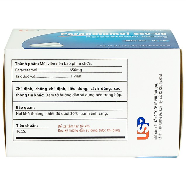 Thuốc Paracetamol 650mg USP hỗ trợ giảm đau và hạ sốt (10 vỉ x 10 viên)