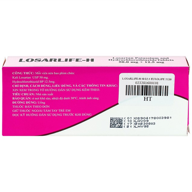 Thuốc Losarlife-H 50mg/12.5mg Eurolife điều trị cao huyết áp (3 vỉ x 10 viên)