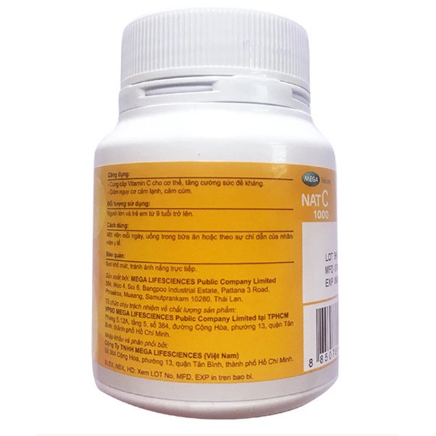 Viên uống Nat C 1000 Mega Lifesciences cung cấp vitamin C cho cơ thể  (60 viên)