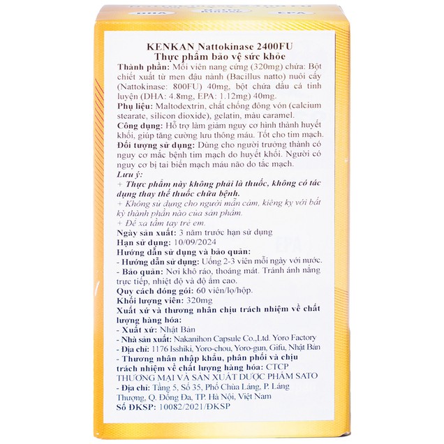 Viên uống Nattokinase 2400FU Kenkan giúp tăng cường lưu thông máu (60 viên)