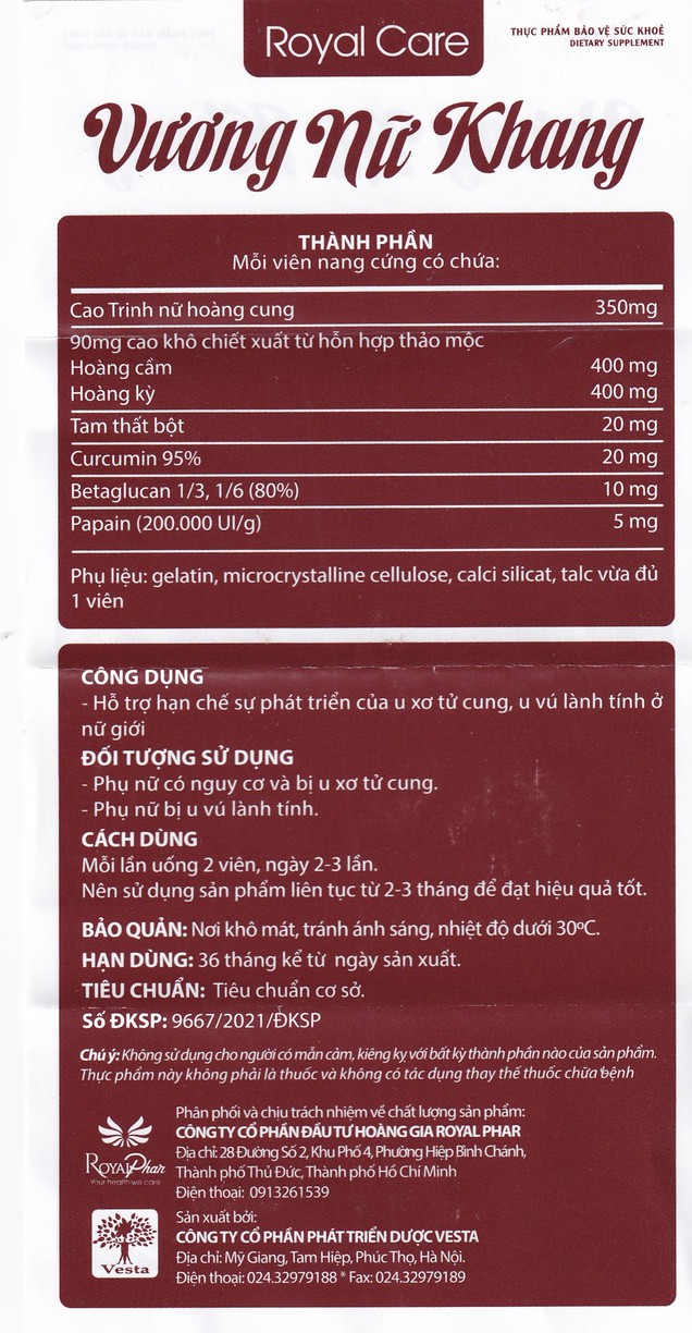 Viên uống Vương Nữ Khang Royal Care hỗ trợ hạn chế sự phát triển của u xơ tử cung, u vú lành tính ở nữ giới (60 viên)