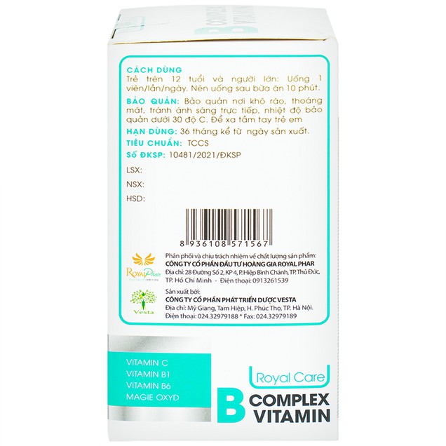 Viên uống B Complex Vitamin Royal Care giảm mệt mỏi, căng thẳng (60 viên)