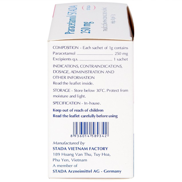 Thuốc Paracetamol 250mg Stada giúp giảm các cơn đau, hạ sốt (30 gói x 1g)