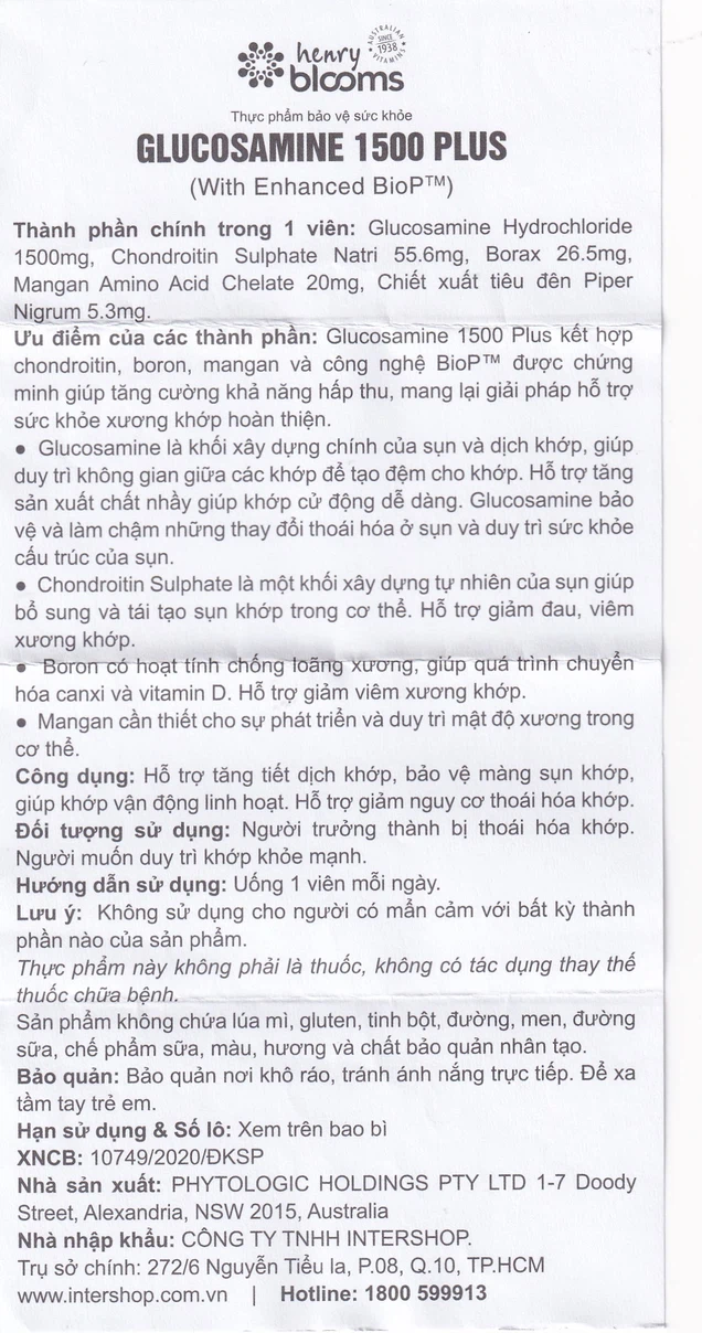 Viên uống Glucosamine 1500 Plus Henry Blooms hỗ trợ tăng tiết dịch khớp, bảo vệ màng sụn khớp (90 viên)
