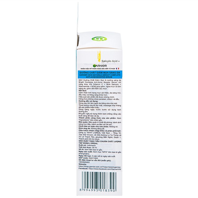 Tinh chất Garnier Bright Complete Anti-Acne Booster Serum giảm mụn, sáng da (30ml)