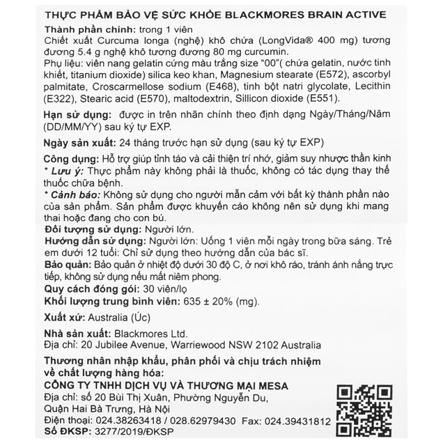 Viên uống Blackmores Brain Active hỗ trợ cải thiện trí nhớ, suy nhược thần kinh (30 viên)