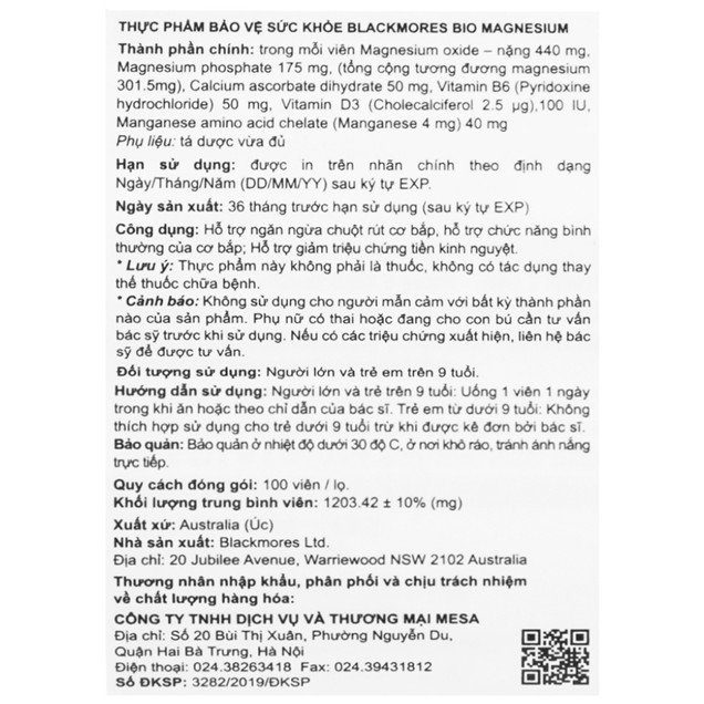 Viên uống Blackmores Bio Magnesium hỗ trợ cơ bắp, giảm triệu chứng tiền kinh nguyệt (100 viên)