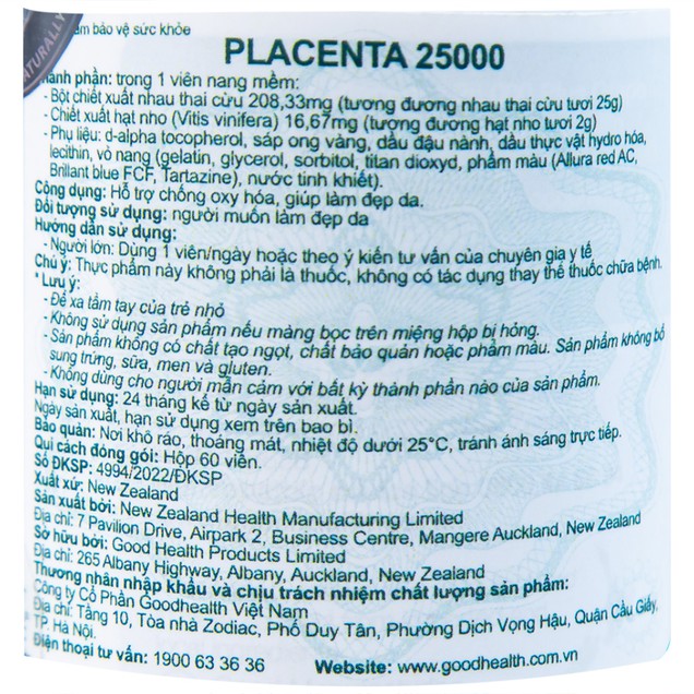 Viên uống nhau thai cừu Placenta 25000 Good Health hỗ trợ làm đẹp da, chống oxy hóa (60 viên)