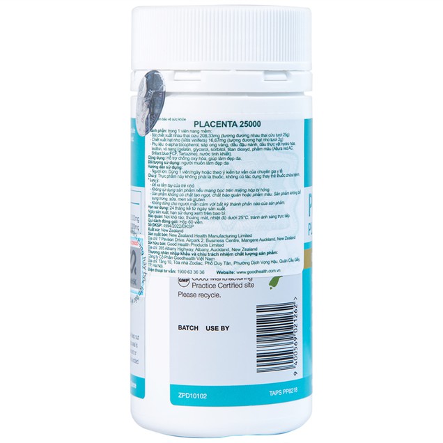 Viên uống nhau thai cừu Placenta 25000 Good Health hỗ trợ làm đẹp da, chống oxy hóa (60 viên)