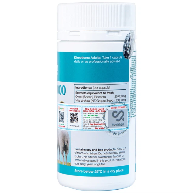 Viên uống nhau thai cừu Placenta 25000 Good Health hỗ trợ làm đẹp da, chống oxy hóa (60 viên)