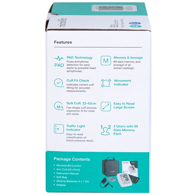 Máy đo huyết áp bắp tay tự động Microlife B3 Comfort hỗ trợ đo huyết áp, nhịp tim