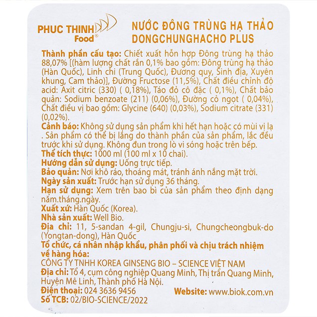 Nước đông trùng hạ thảo DongChungHaCho Plus Biok hỗ trợ tăng sức đề kháng (10 chai x 100ml)