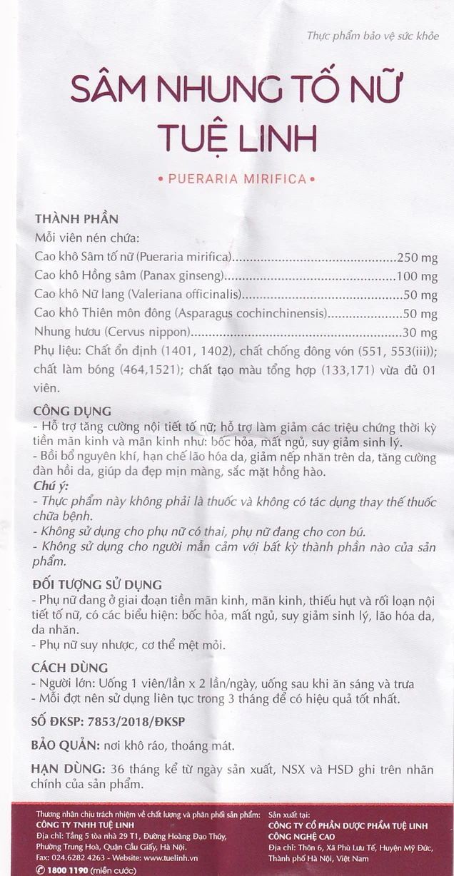 Viên uống Sâm Nhung Tố Nữ Tuệ Linh hỗ trợ tăng cường nội tiết tố nữ (Hộp 30 viên)