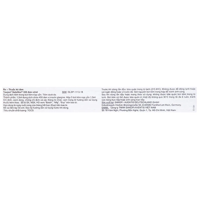 Thuốc tiêm Toujeo Solostar 300U/ml Sanofi điều trị tiểu đường (5 cây x 1.5ml)