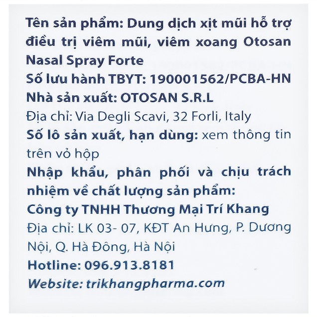 Dung dịch xịt mũi người lớn Otosan Nasal Spray Forte hỗ trợ điều trị viêm mũi, viêm xoang (30ml)