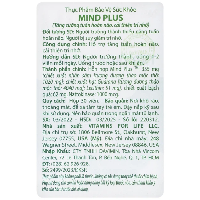 Viên uống Mind Plus Vitamins For Life bổ não, ngăn ngừa suy giảm trí nhớ (30 viên)