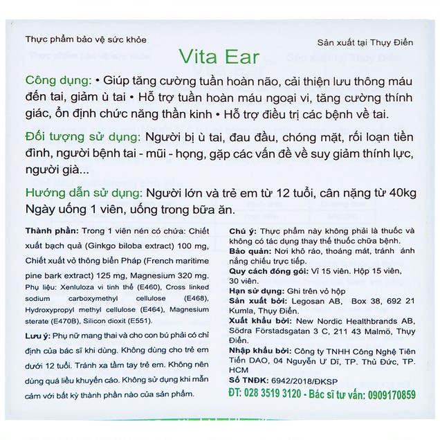 Viên uống Vita Ear tăng cường thính giác, giảm ù tai và hỗ trợ các bệnh về tai (15 viên)