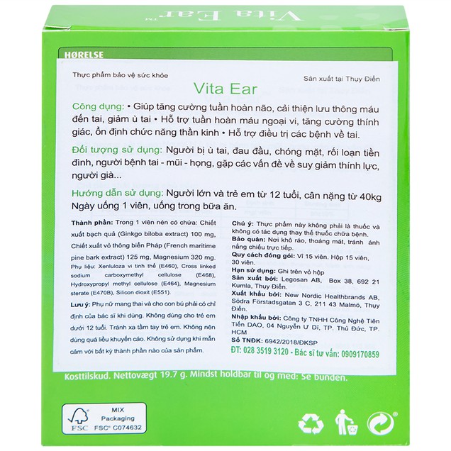 Viên uống Vita Ear tăng cường thính giác, giảm ù tai và hỗ trợ các bệnh về tai (15 viên)