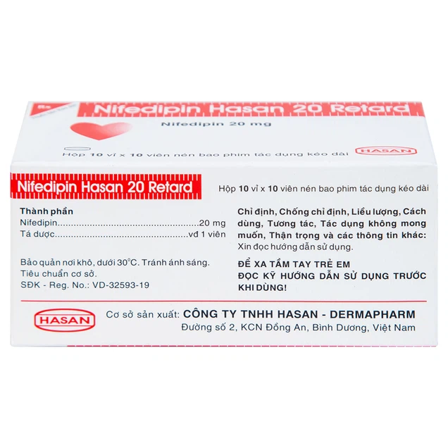 Thuốc Nifedipin Hasan 20mg Retard Hasan điều trị tăng huyết áp (10 vỉ x 10 viên)