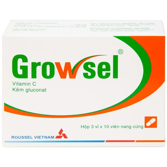 Thuốc Growsel Roussel 500mg phòng và trị bệnh thiếu vitamin C, kẽm (3 vỉ x 10 viên)