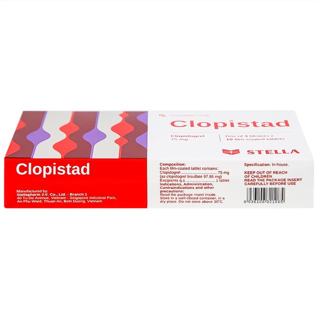 Thuốc Clopistad 75mg Stella phòng ngừa nhồi máu cơ tim (3 vỉ x 10 viên)