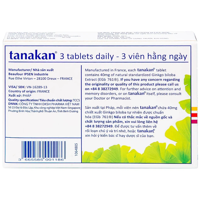 Thuốc Tanakan 40mg Ipsen điều trị triệu chứng rối loạn nhận thức ở người lớn tuổi (2 vỉ x 15 viên)