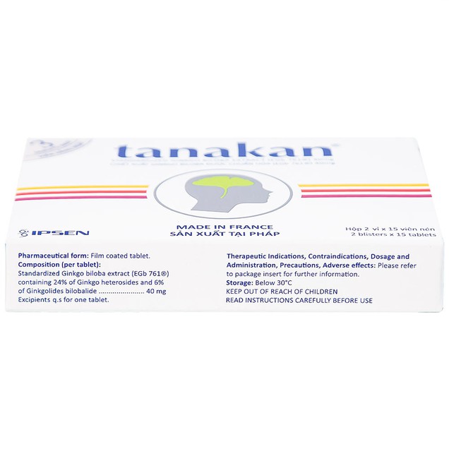 Thuốc Tanakan 40mg Ipsen điều trị triệu chứng rối loạn nhận thức ở người lớn tuổi (2 vỉ x 15 viên)