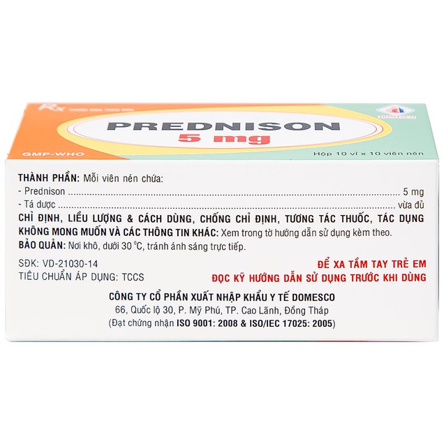 Thuốc Prednison 5mg Domesco điều trị viêm khớp dạng thấp, lupus ban đỏ (100 viên)