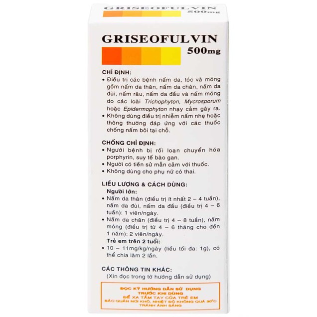Thuốc Griseofulvin 500mg Vidipha điều trị nhiễm trùng nấm da, tóc (2 vỉ x 10 viên)