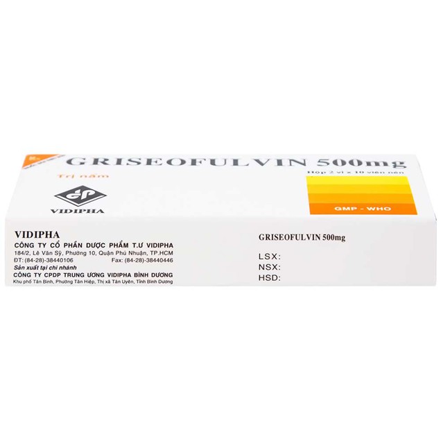 Thuốc Griseofulvin 500mg Vidipha điều trị nhiễm trùng nấm da, tóc (2 vỉ x 10 viên)
