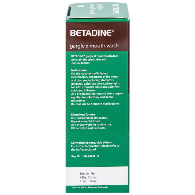 Thuốc súc họng Betadine Gargle & Mouth Wash điều trị nhiễm trùng niêm mạc miệng, cổ họng (125ml)