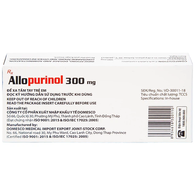 Thuốc Allopurinol 300mg Domesco điều trị tăng acid uric máu (20 viên)