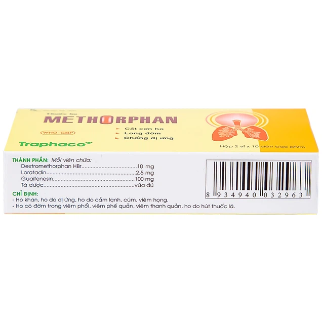 Thuốc ho Methorphan Traphaco hỗ trợ điều trị ho khan, ho có đờm (2 vỉ x 10 viên)