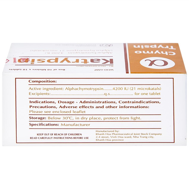 Thuốc Katrypsin 4200iu Khánh Hòa điều trị phù nề sau chấn thương (10 vỉ x 15 viên)