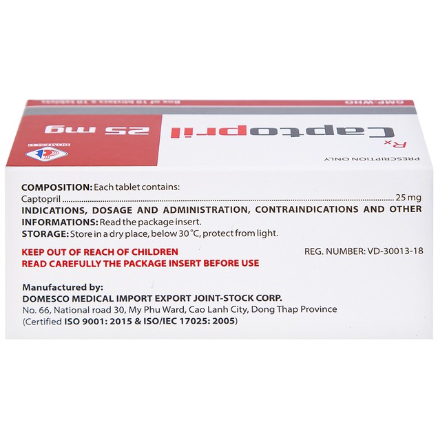 Thuốc Captopril 25mg Domesco điều trị tăng huyết áp, nhồi máu cơ tim (10 vỉ x 10 viên)