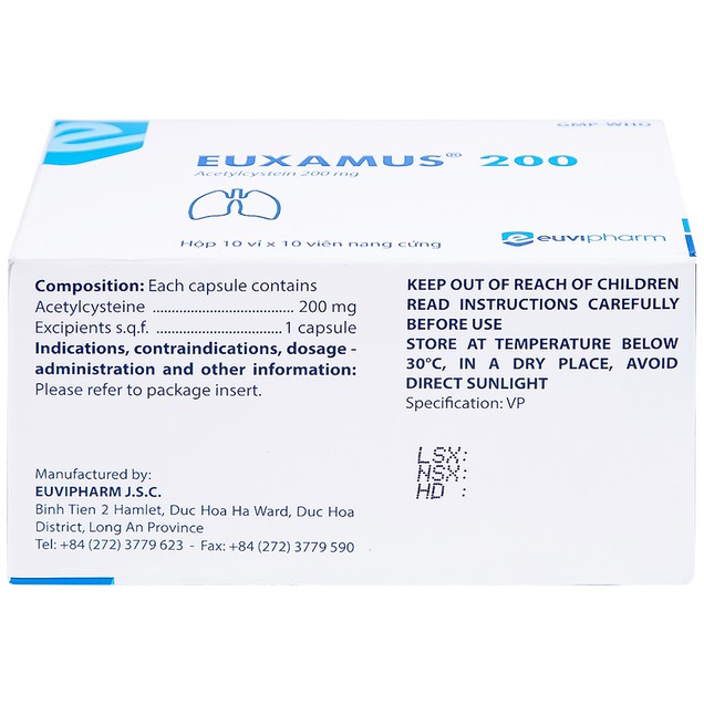 Thuốc Euxamus 200mg Euvipharm hỗ trợ tiêu chất nhầy, giải độc paracetamol (100 viên)