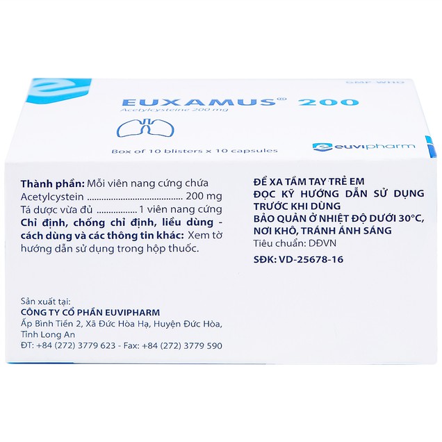 Thuốc Euxamus 200mg Euvipharm hỗ trợ tiêu chất nhầy, giải độc paracetamol (100 viên)