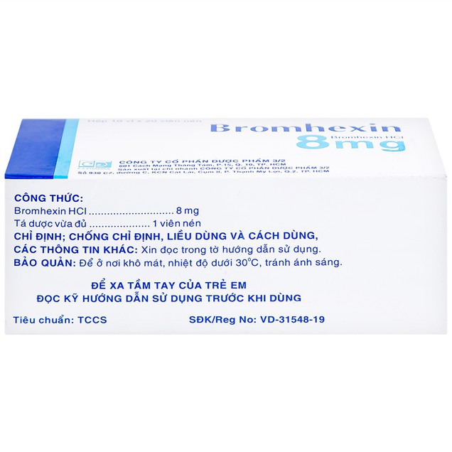 Thuốc Bromhexin 8mg Dược 3-2 hỗ trợ tan đờm trong viêm khí phế quản (200 viên)