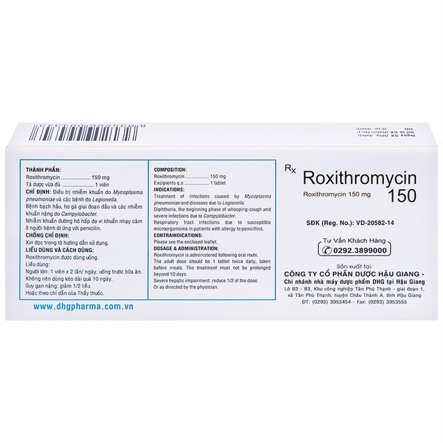 Thuốc Roxithromycin 150 DHG điều trị các bệnh nhiễm khuẩn (3 vỉ x 10 viên)