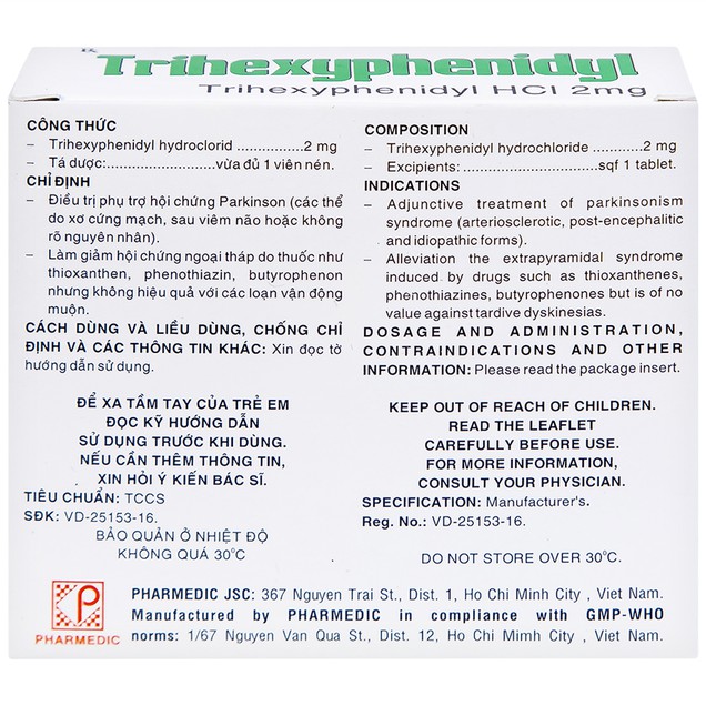 Thuốc Trihexyphenidyl 2mg Pharmedic điều trị phụ trợ hội chứng Parkinson (100 viên)